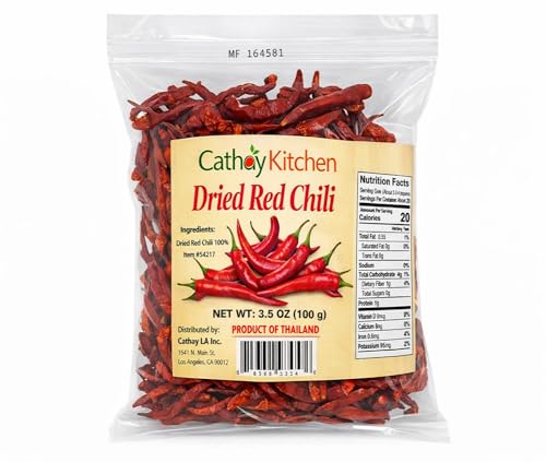 Cathay Kitchen Pure Dried Red Chili Peppers – All-Natural, Stemless, Authentic Thai Chilies from Thailand, Spicy Hot, for Cooking, Soups and Curries | 3.5 Oz (100 g)