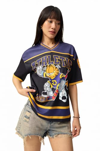 Image of The Souled Store Garfield: Women and Girls Short Sleeves V-Neck Purple and Black Graphic Printed Polyester Quick-Dry Breathable Streetwear Athletic Oversized Jersey