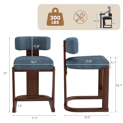Image of Bar Stools Set of 6, Upholstered Counter Height Bar Stools, Mid Century Modern Counter Stools with Curved Backrest, Solid Wood Legs, 26 inch Bar Chairs for Kitchen Island Bar, Blue