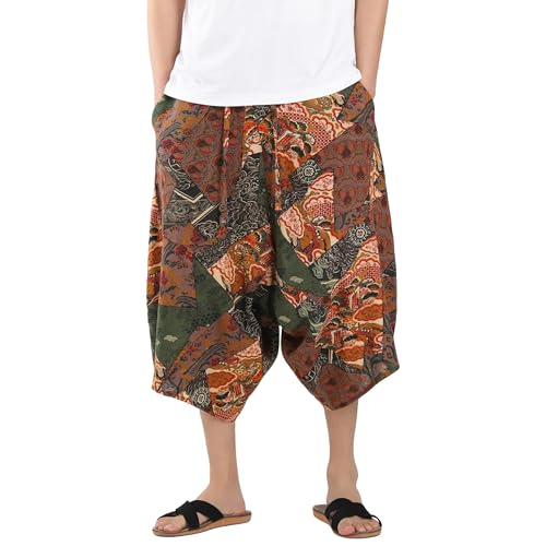 Plus Size Harem Pants Men, Boho Wide Leg Capri Pants Elastic Waist Drawstring Hippie Trousers Casual Loose Pant4