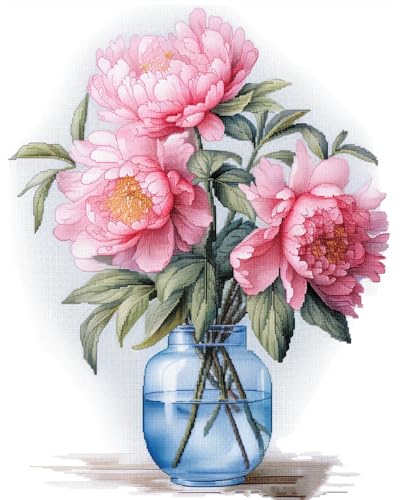 RKFLGEW 14CT Kit Petit Point Kit De Bordado De Peonías En Jarrón Para Principiantes Y Adultos，Kits De Punto De Cruz Diy 40x50CM