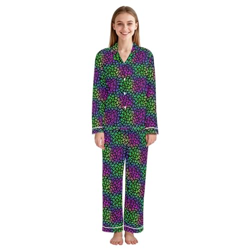 Pyjama fluide femme col chemise : ensemble imprimé léopard manches longues