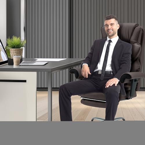 HOMREST 6-Point Massage Office Chair,Heating Executive Chair,Ergonomic Home Office Desk Chair with Retractable Footrest and Reclining Function,Leather Computer Chair with Adjustable Armrest(Brown Red)