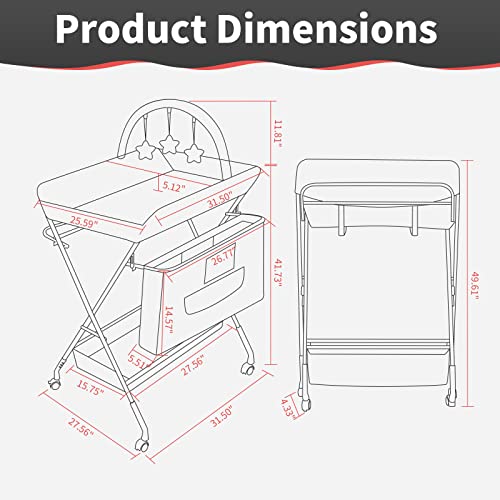 Portable Baby Changing Table - Waterproof Diaper Changing Table With Wheels, Adjustable Height Folding Diaper Station With Safety Belt, Large Storage Racks For Newborn Baby And Infant - Ocean, Grey #TOP5