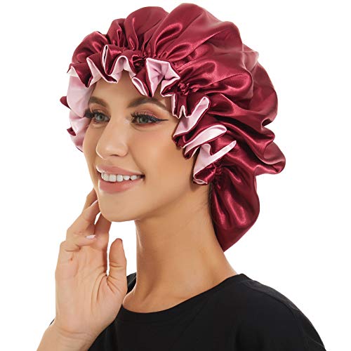 Aibilye Satin Bonnet Double Layer Sleep cap, Silk Bonnets for Black Women, Curly Cap for Sleeping Silk Sleep Cap Hair Bonnet (Wine Red)