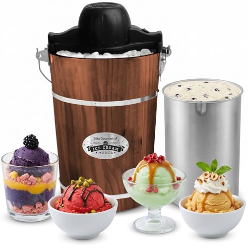 Elite Gourmet EIM949 Old Fashioned 6 Quart Vintage Walnut Wood Bucket, Electric Ice Cream Maker Machine Appalachian, Uses Ice and Rock Salt