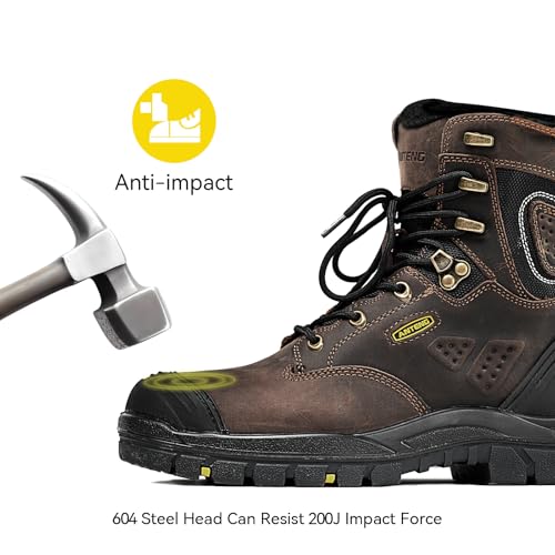 Image of Men's Work Boots, Oiled Nubuck Leather Steel Toes Mens Work Shoes, Non Slip Lace Up Protective Shoes, 8 Inch, Anti-Static, Anti-Puncturing, Anti-Fatigue (AT505, Brown)