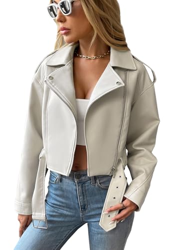 LY VAREY LIN Women Faux Leather Cropped Jacket Vegan Motor Biker Coat with Belt