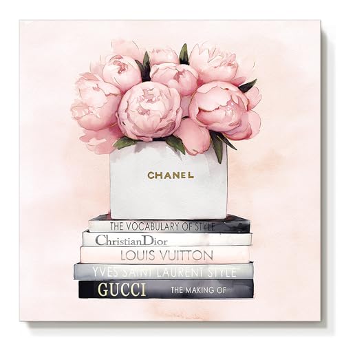 Image of cozy country Chanel-Inspired Canvas Wall Art - 12x12 Inches Luxury Fashion Artwork Print, Featuring Perfume, Books & Flowers, Perfect for Bathroom & Women's Room Decor