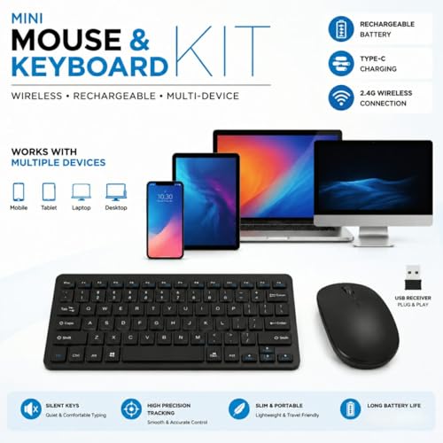 Image of Wireless Bluetooth Keyboard and Mouse Combo, Rechargeable Slim Multi-Device Keyboard with Bluetooth, Mouse with Bluetooth & 2.4G USB Receiver. (Black)