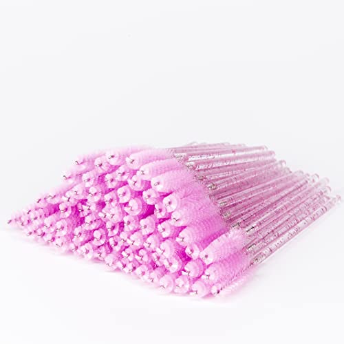 i-Laesh 100 Pcs Disposable Eyelash Brushes, Mascara Wands, Eye Lash Brush, Spoolies for Eyelash Extensions, Spoolie Eyebrow Eyeshadow Brow Makeup Supplies Kit Cleansing Glitter Applicator Tool Accessories Bristle (Crystal Pink)