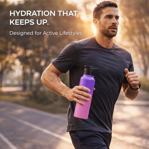 Image of COURAGE Stainless Steel Customize Sipper Water Bottle 1Liter Leak Proof for Fridge Home Office Travel School Kids Boys Girls Adults Sports Gym Yoga - Light Pink- Purple