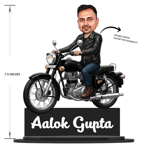 Image of Taxton Custom Bike Rider Caricature Personalized Wooden Bike Photo Frame for Men | 7.5 Inch Durable Double Wood Print with Acrylic Name Plate (Black)