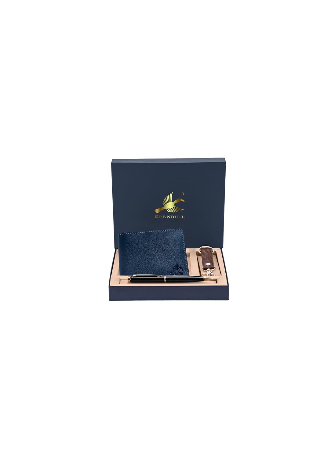 HORNBULL Maddison Navy Mens Leather Wallet, Keyring & Pen Combo Gift Set for Men | Valentine's Day Gift for Men