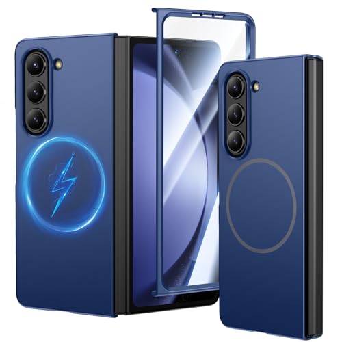 HWeggo für Samsung Galaxy Z Fold 5 Hülle [Kompatibel mit MagSafe] Ultradünne Handyhülle mit Eingebautem Bildschirmschutz Matte Stoßfest Hülle für Galaxy Z Fold 5 Blau