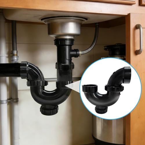 Image of Lesso Inch ABS P-Trap - HUB x HUB x Cleanout with Plug, Black, Leak-Proof Sink Drain Trap for Kitchen /Bathroom Plumbing