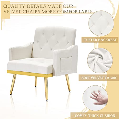 Antetek Upholstered Velvet Accent Chair, Modern Armchair Single Sofa Arm Chair With Golden Metal Legs, Tufted Lounge Reading Chair For Living Room, Bedroom, Office, Light Beige #TOP3