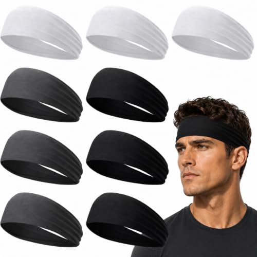 Image of 9 pcs Sweatbands for Men Workout Sport Headbands for Men Camo Headband Sweat Absorbing Headband Wide Sweatband for Head Basketball Football Cycling Running Yoga, 4.7 x 9.8 Inch