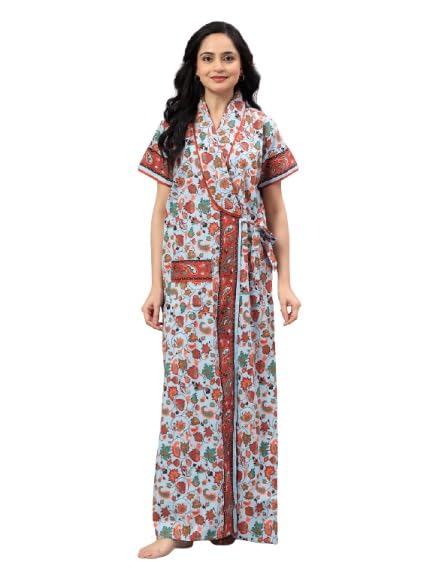 Women Cotton Printed Maxi Nighty | Front Open Night Gown with Pocket | Regular Fit Sleepwear & Housecoat 1007-image-40