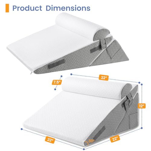 Image of Sasttie Wedge Pillow Set for After Surgery, 2PCS Adjustable Bed Wedge Pillow Headboard with Memory Foam Neck Cushion - for Acid Reflux, Sleeping, Neck & Back Support, Dark Grey & White