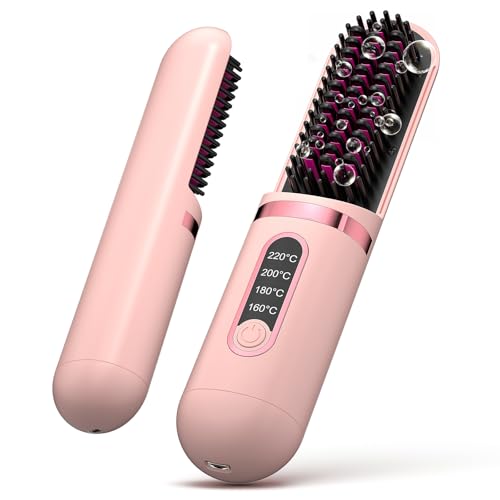 Cepillo alisador de cabello inalámbrico, peine alisador portátil con calefacción, cepillo de pelo con calefacción iónica recargable por USB, cerámica de calentamiento rápido y diseño antiquemaduras