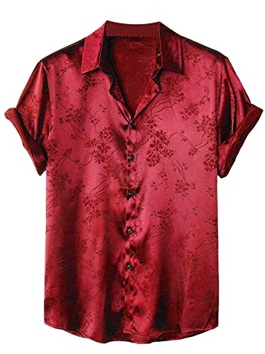 OYOANGLE Men's Satin Floral Print Button Down Front Lapel Collar Solid Short Sleeve Shirt