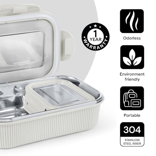 Image of Larah by BOROSIL Freshbyte Stainless Steel Lunch Box | 800 ml + 200 ml Rectangle Container Set | Airtight, Dishwasher Safe Tiffin | Portable Kids Tiffin | 1 Year Warranty | Grey