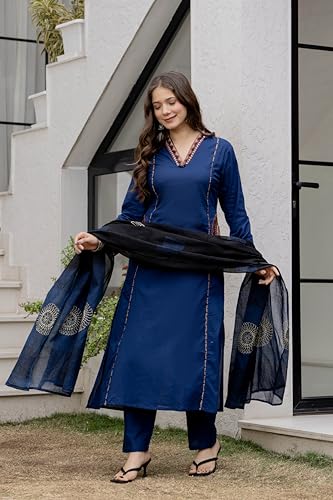 Image of MEERA FAB Women Floral Printed Pure Cotton Straight V-Neck Kurta with Palazzos & Dupatta