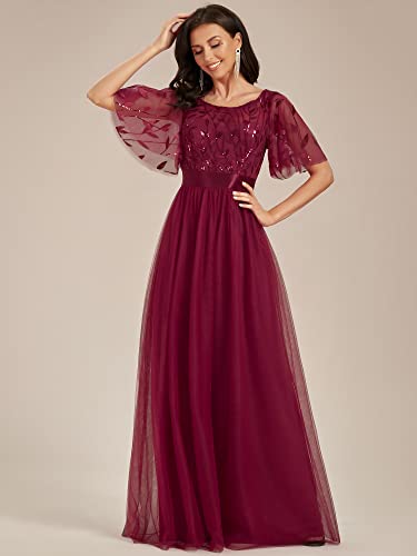 Image of Ever-Pretty Sequin Formal Prom Dresses for Women Ruffle Sleeves Empire Waist A-Line Long Mother of Bride Dress 00904