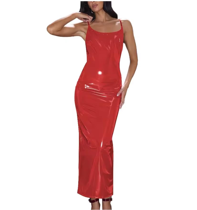 Plus Size Donne Spaghetti Strap Slim Fit Abito PVC Maxi Abiti Femminile Partito Senza Maniche Abito Lungo Personalizzabile