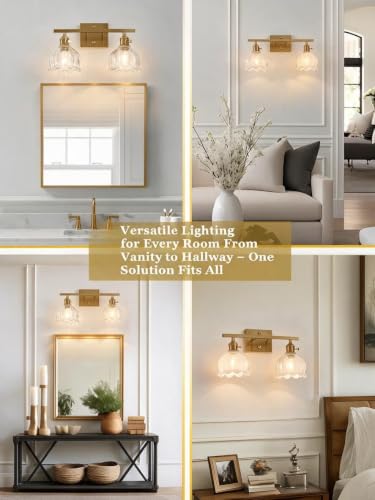 Image of 3-Light Vintage Bathroom Vanity Light, 19.4 inch Brass Hardwired Wall Sconce with Amber Tulip Glass Shades, Brushed Gold Vanity Light for Mirror, Restroom, Bedroom (Clear, 2-Light)