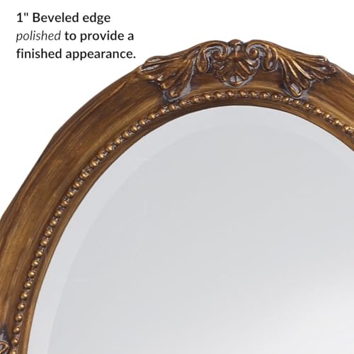 Image of Howard Elliott Collection Queen Ann Oval Antique Gold Leaf Wall Mirror, Oval Bevelled Hanging Wood Framed Vanity Mirrors for Home Decor, Living Room, Bathroom, Bedroom, or Hallway, 25 x 33 Inch