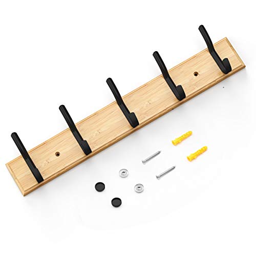 Gogocool Bamboo Wall Mounted Coat Hooks Hanger, 20Kg Maximum Bearing, Black Double Hooks Type, Natural Wall Coat Hanger, 76Mm Space Between Hook And Hook(5 Hooks) #TOP5