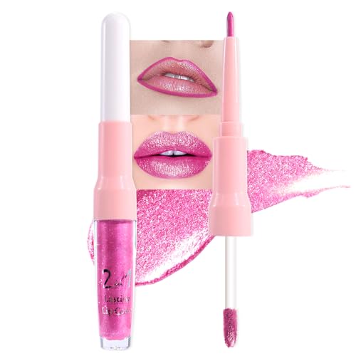 Image of evpct Hot Pink Metallic Glitter Lip Liner and Lipstick Combo Lip Gloss Stain Set Makeup for Women Long Lasting Waterproof 24, Rose Pink Frosted Metallic Shimmer Glossy iridescent Liquid Lipstick 07
