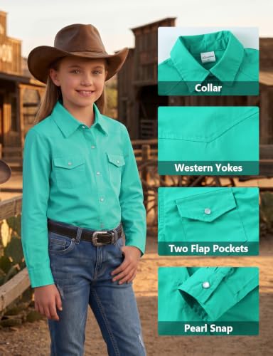 Image of Noomelfish Girls Long Sleeve Western Pearl Snap Button Down Shirt Cowgirl Outfits Blouse Tops (5-14 Years)