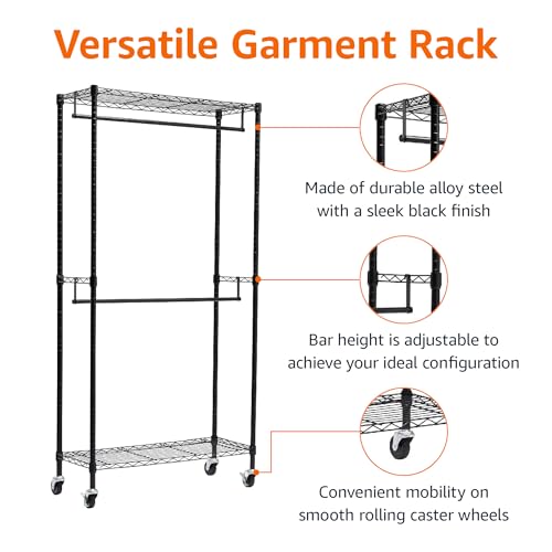 Amazon Basics WI-GAR1436B Adjustable, Double Hanging Rod Garment Rolling Closet Organizer Rack thumb #1