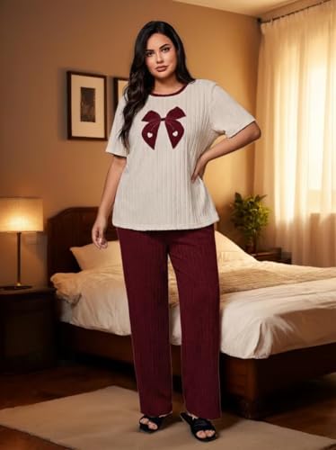 Image of Emilaura Womens Plus Size Pajama Set 2 Piece Short Sleeve with Long Pant Sleepwear Soft & Cozy Bow Loungewear (XL to 5X)