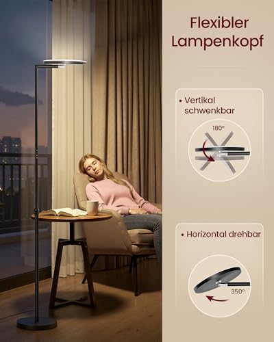 VASAGLE Stehlampe Wohnzimmer, LED-Stehleuchte höhenverstellbar, Standleuchte 36W, drehbarer Lampenkopf, Schlafzimmer, Timer, Memory-Funktion, Tasten- und Fernbedienung, Mattschwarz LFL008BD02