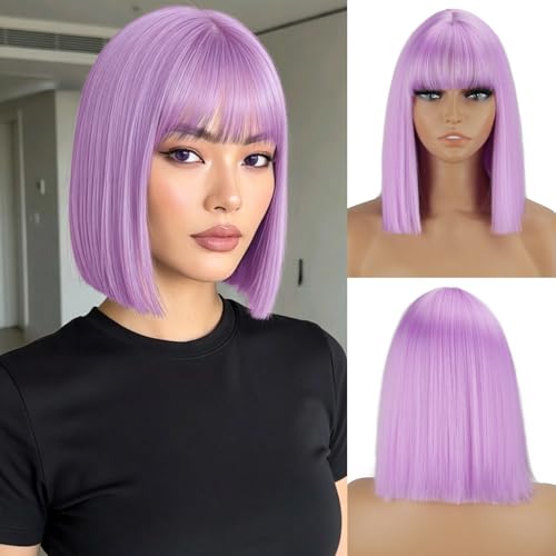 MERISIHAIR Short Purple Bob Wig with Bangs Straight Bob Purple Hair Wig