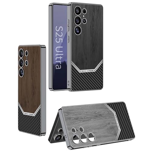 Image of TechTrendz Shockproof Electroplated Ultra Luxurious Vintage Wooden Grain Texture Leather Back Cover Case for Samsung Galaxy S25 Ultra 5G Carbon Fiber Camera Protection Business Cover (Black)