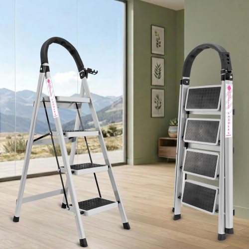 Image of Casa Copenhagen White 4 Step Ladder for Home Use with Built-in Tool Tray | Heavy Duty D Shape Rods | Ultra Large Platform | Wide Rubber Feet | 150Kg Capacity Foldable Ladder - 7 Years Warranty