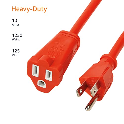 Image of Amazon Basics 100 Foot 3-Prong Vinyl Indoor /Outdoor Extension Cord, Long Power Cord, Grounded Plug for Safety, Moisture Resistant, 10 Amps, 1250 Watts, 125 VAC, Orange