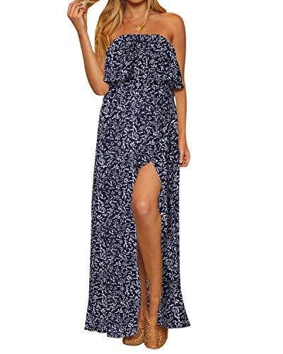 ACHIOOWA - Vestido largo de verano para mujer, sexy, sin tirantes, palabra de honor, elegante, sin mangas, encaje, para la playa B Azul B91654 XL