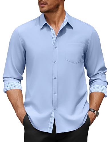 COOFANDY Camicia da Uomo a Maniche Lunghe in Cotone Anti-Piega Tinta Unita Regular Fit per Business e Tempo Libero Blu Navy S