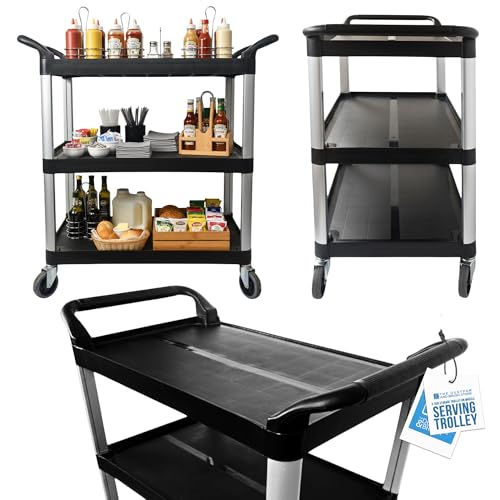 TDBS The Dustpan and Brush Store Multipurpose 3 Tier Trolley on Wheels - Premium Design Catering Storage Trolley with Shelves Perfect for Restaurants Kitchens Hotel etc - Large