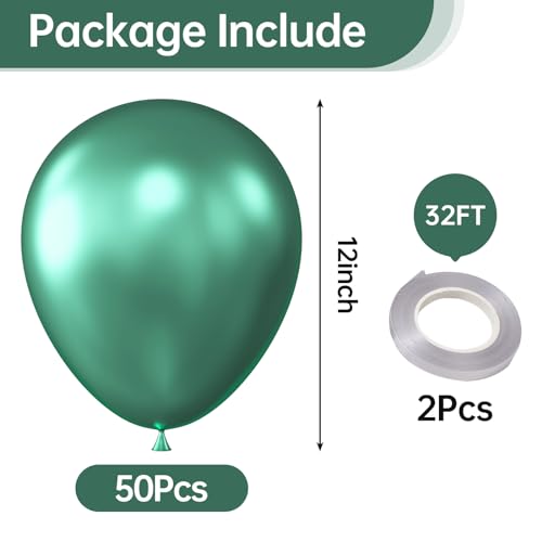 Image of KALOR 12 Inch Metallic Green Balloons, 50 Pcs Latex Helium Metallic Balloons for Kid's Birthday Party, Baby Shower, Wedding, Graduate Party Decorations