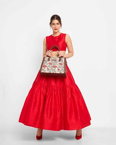Image of ZOUK Nawabi Couture Floral Printed Jute Handcrafted Vegan Leather Brown Women's Handbag | Ladies Purse Handbag | Double Handle Detachable Strap