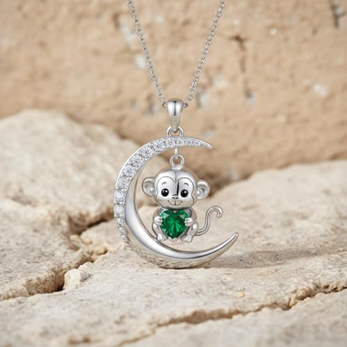 Image of PROESS Animal Birthstone Necklace 925 Sterling Silver Otter /Axolotl /Hippo /Elephant /Dachshund /Monkey /Red Panda Pendant Necklace Animal Birthstone Jewelry Gifts for Women