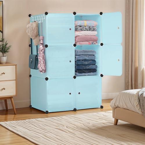 Image of ABOUT SPACE Professional Collapsible Wardrobe - DIY 6 Cube Plastic Almirah for Clothes with Side Hanger, Door Magnet & Hamer- Durable, Foldable Wardrobe for Storage |Non-Slip Storage Organizer - Blue