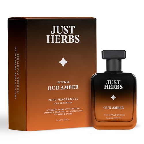 Image of Just Herbs Intense Oud Amber Eau Da Parfum for Men 50 ml | Long Lasting Pure Fragrance Body Spray Mens Perfume with Flowers & Spices